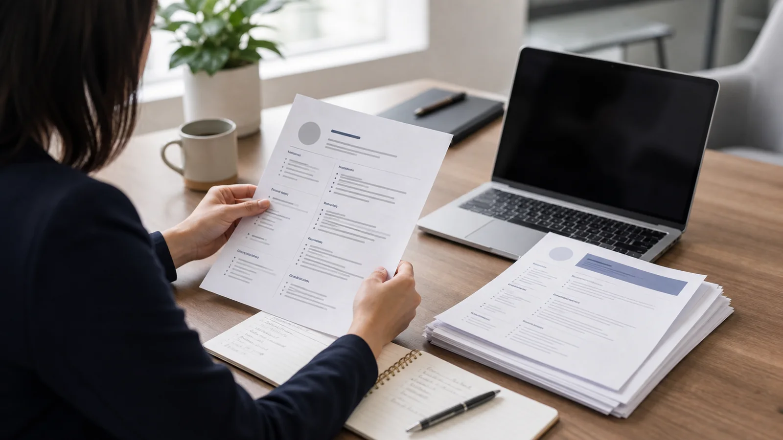 A recruiter reviews printed resumes and hiring notes in a calm professional workspace.