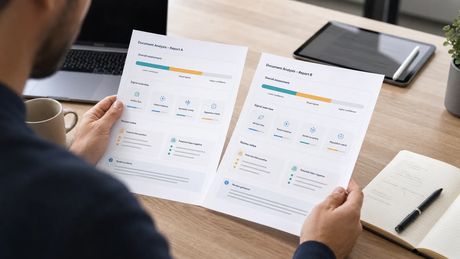 A reviewer compares two printed AI detection reports with different confidence ranges in a professional workspace.