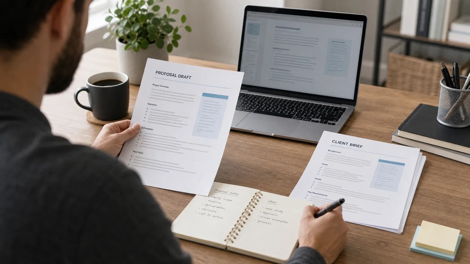 A freelancer reviews a proposal draft and client brief at a professional workspace before sending client work.