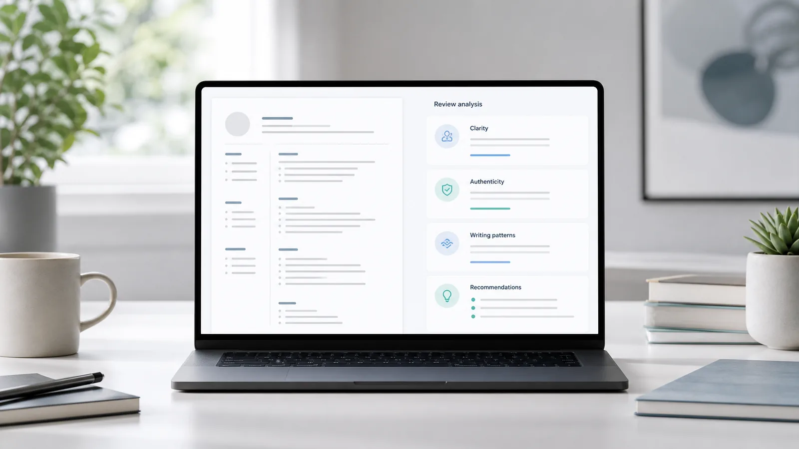 A resume document displayed beside Contexora review panels for clarity, authenticity, writing patterns and recommendations.